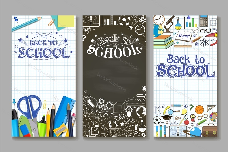 Back to school vertical banner template set. Vector illustration of school supplies on exercise book sheet and chalkboard with text. Line art style.
