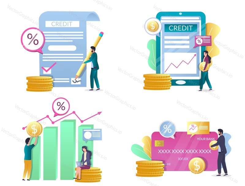 Deposit interest, loan credit commission percent vector illustration set isolated on white background. Interest rates and percentage of income, growth, increase concept for web banner, website page.