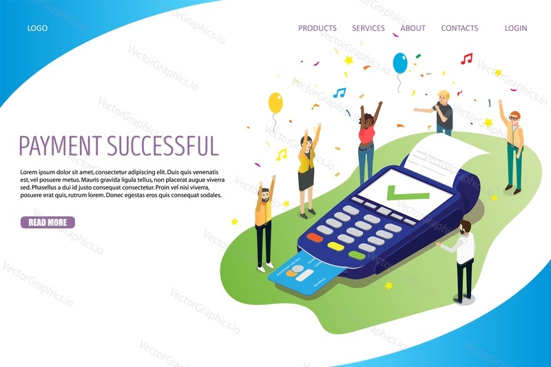 Payment successful vector website template, web page and landing page design for website and mobile site development. Pos terminal with tick mark on screen, credit card, receipt. Complete transaction.