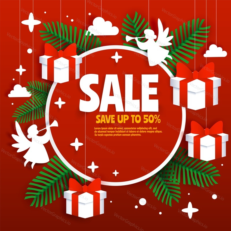 Christmas sale poster template, vector illustration in paper art modern craft style. 50 percent discount promotion red website banner with christmas tree branches, angels, gift boxes.