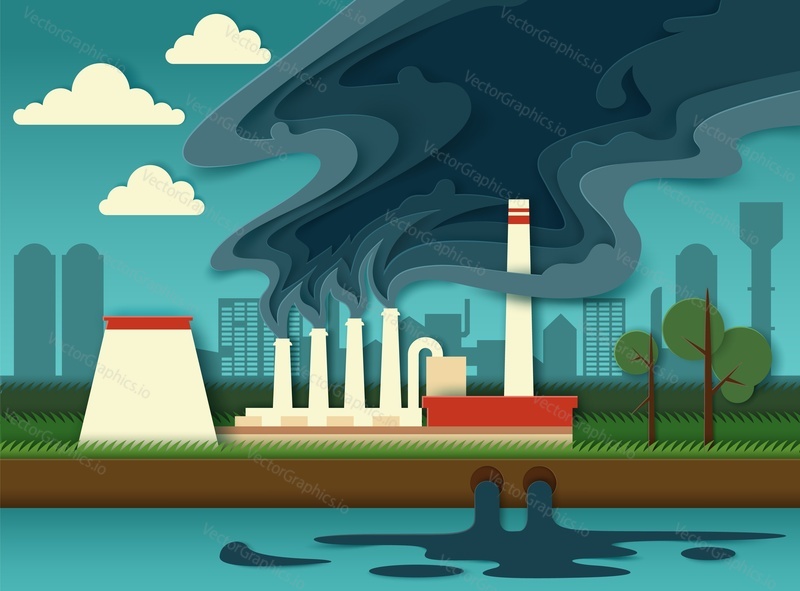 Industrial plant building with smoking pipes, vector illustration in paper art modern craft style. Environmental pollution, save environment, ecology concept for poster, banner etc.