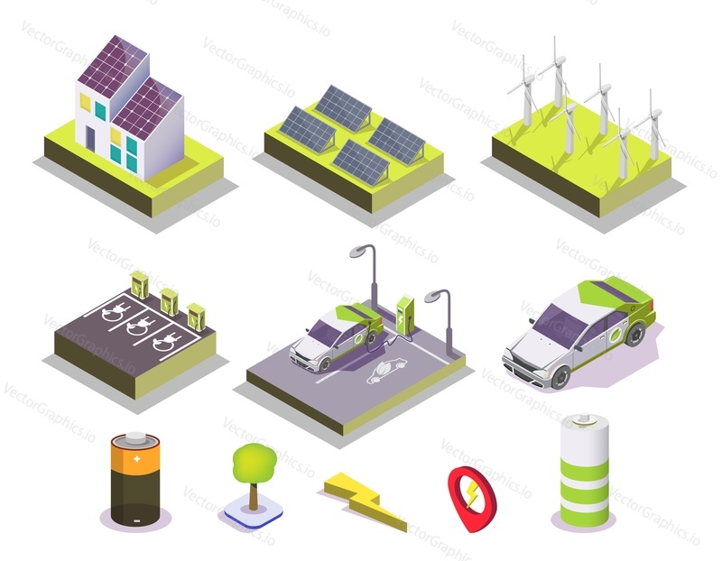 Alternative energy set, vector flat isolated illustration. Isometric eco friendly house, solar panels, wind turbines, battery, electric car charger. Wind and solar power systems green renewable energy