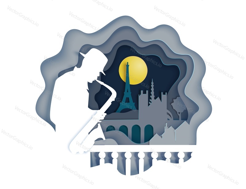 Музыкант, играющий на саксофоне, векторная иллюстрация в стиле бумажного искусства. Силуэт саксофониста на фоне городской панорамы Парижа композиция для джазового концерта или фестивального плаката, баннера, приглашения.