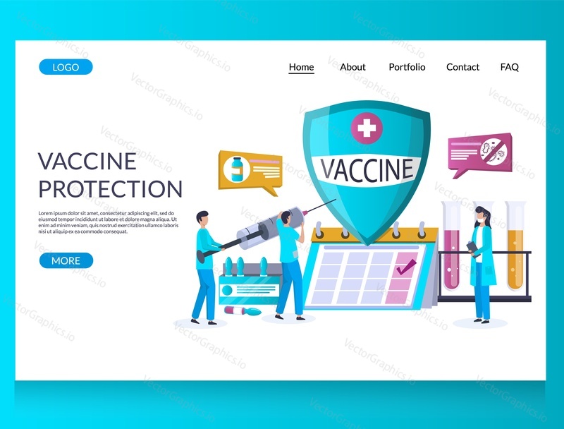 Векторный шаблон веб-сайта для защиты от вакцин, дизайн веб-страницы и целевой страницы для разработки веб-сайтов и мобильных сайтов. Иммунизация, кампания по вакцинации.
