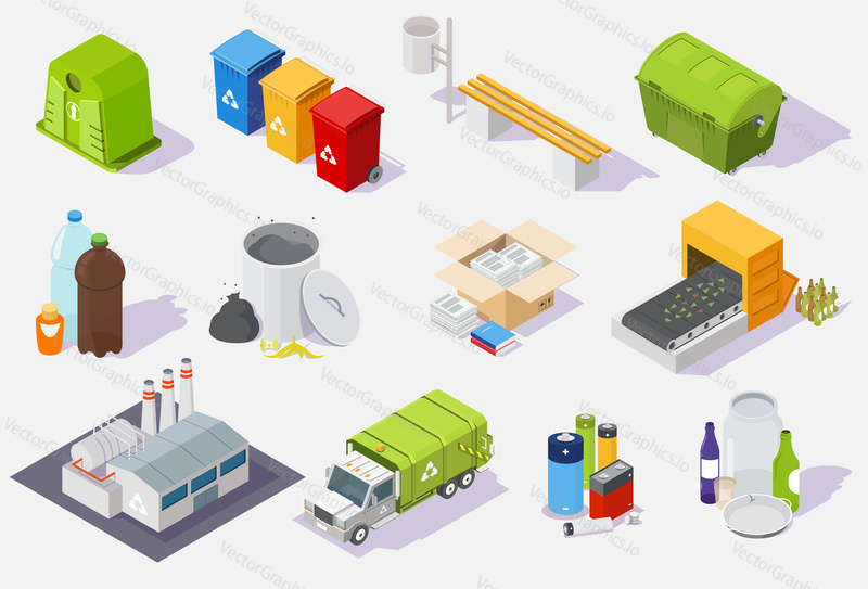 Waste sorting and recycling process isometric icon set, vector illustration isolated on white background. Garbage recycling equipment, plant, trash truck and cans, plastic paper glass household waste.