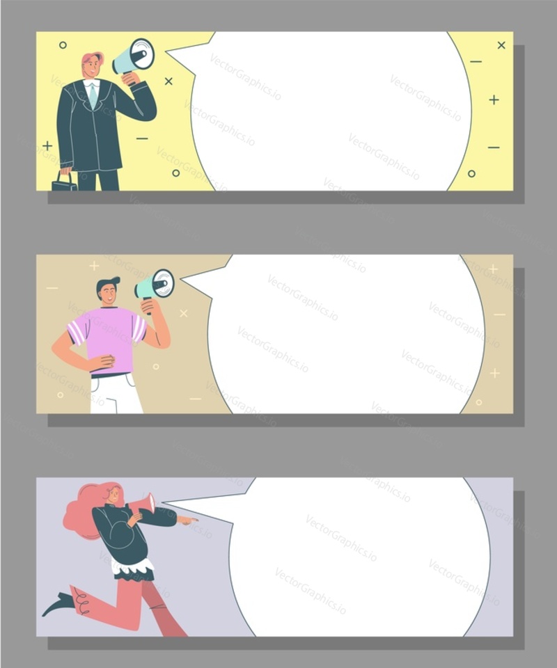Announcement horizontal banner template set, vector flat style design illustration. People with megaphones and speech bubbles for text.