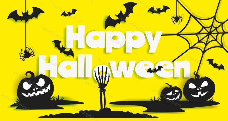 Happy Halloween poster banner template, vector illustration in paper art style. Black scary pumpkins, flying bats, spider, spiderweb silhouettes on yellow background.