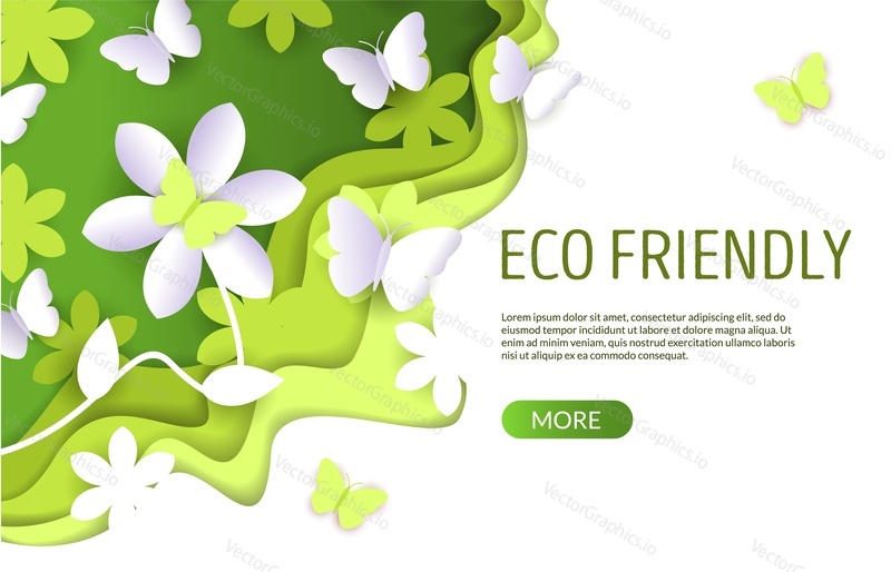 Eco friendly vector website template, web page and landing page design for website and mobile site development. Paper cut green shapes with white flowers, butterflies. Eco lifestyle, save environment.