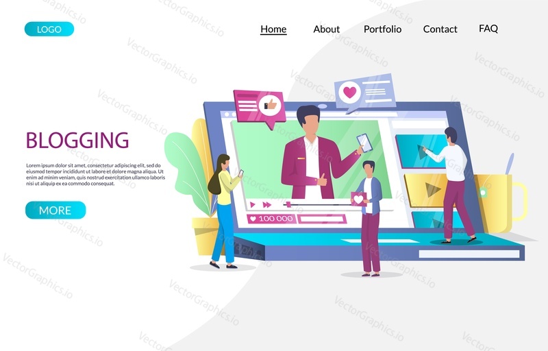 Blogging vector website template, web page and landing page design for website and mobile site development. Video review, online channel, live broadcast concept with blogger and followers characters.