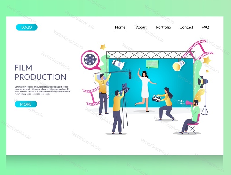 Film production vector website template, web page and landing page design for website and mobile site development. Videography, cinematography, movie making, cinema industry.