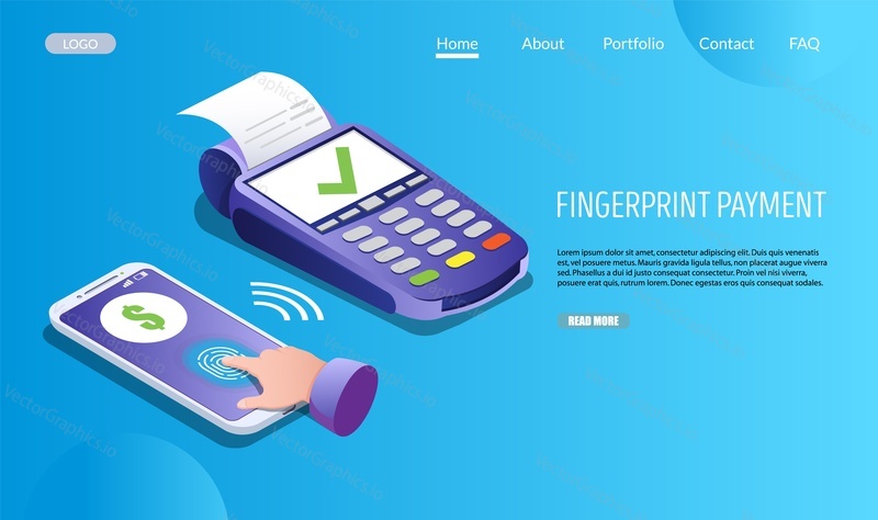 Fingerprint payment vector website template, web page and landing page design for website and mobile site development. Mobile contactless cards, fingerprint recognition biometric technology concept.