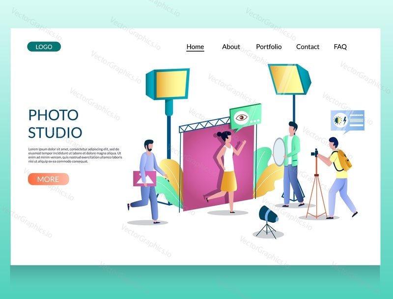 Photo studio, vector website template, web page and landing page design for website and mobile site development. Photographer shooting young model posing for camera. Photo session.