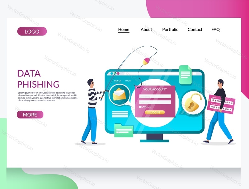 Data phishing vector website template, web page and landing page design for website and mobile site development. Online scam, hacker attack, malware, cyber crime, password phishing.