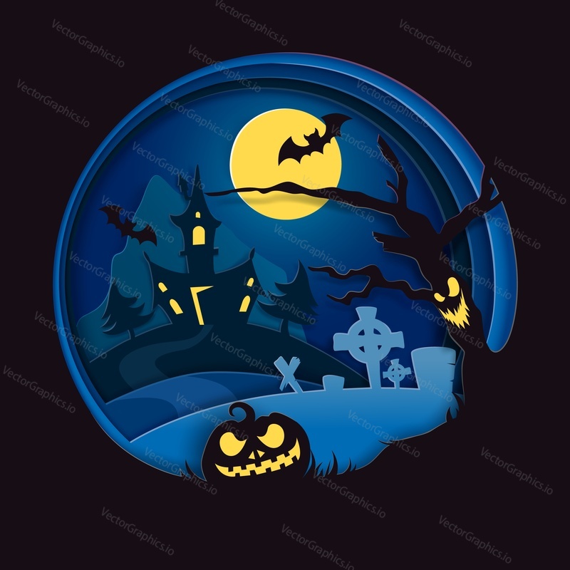 Night background with full moon, scary pumpkin, haunted house, flying bats, cemetery with graves, dead tree, vector illustration in paper art style. Halloween composition for party invitation, poster.