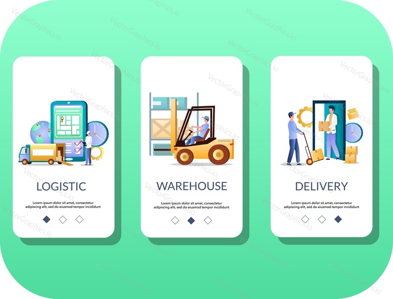 Logistics, Warehouse and Delivery mobile app onboarding screens. Menu banner vector template for website and application development. Online delivery service, order tracking, warehousing.