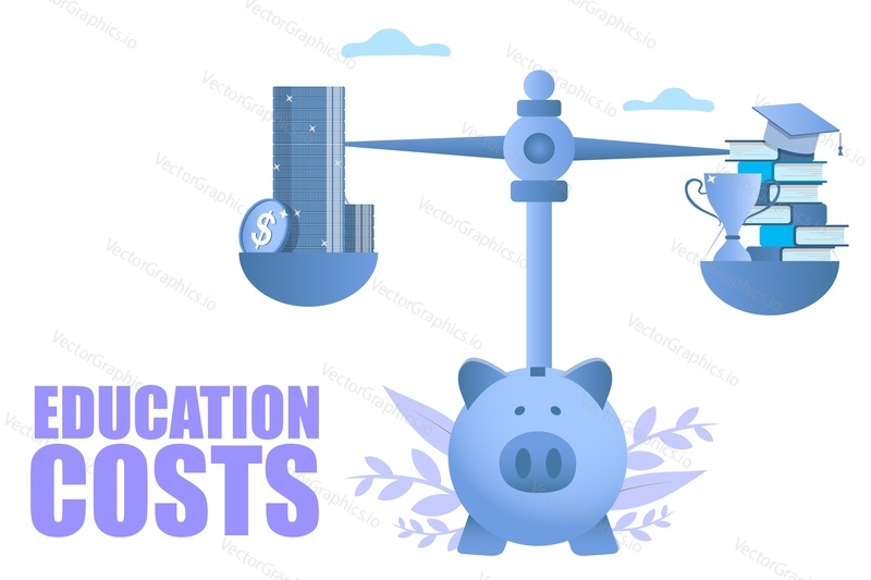 Education costs, vector illustration. Books, winner cup, graduation cap and money on piggy bank scales. Education budget, knowledge price concept for web banner, website page etc.