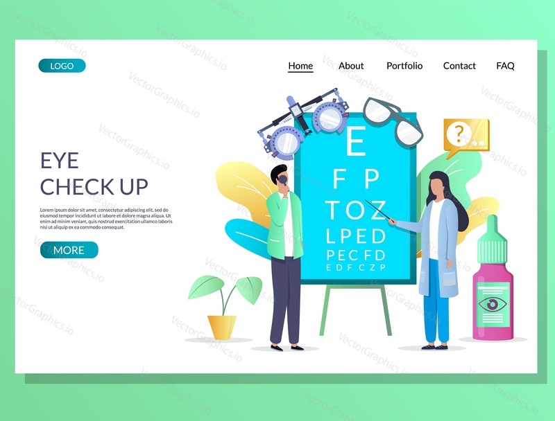 Eye check up vector website template, web page and landing page design for website and mobile site development. Ophthalmologist eyesight examination, vision testing concept.