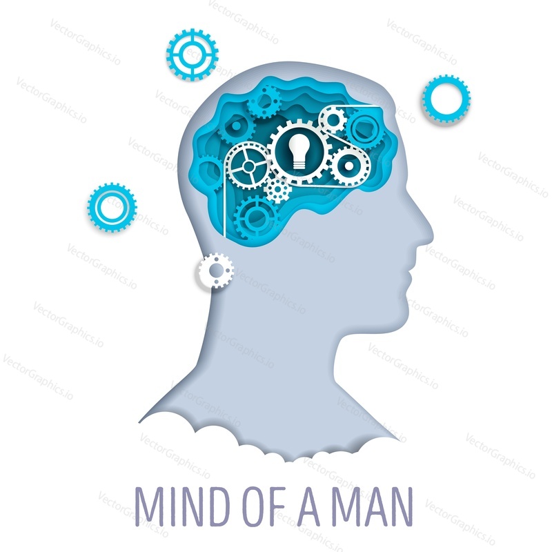 Man head silhouette with gears, cogwheels and light bulb, vector illustration in paper art style. Psychology, man mind, brain power, new idea concept for web banner, website page etc.