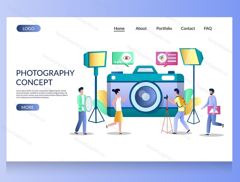 Photography concept vector website template, web page and landing page design for website and mobile site development. Photographer taking photo of young girl using professional equipment.