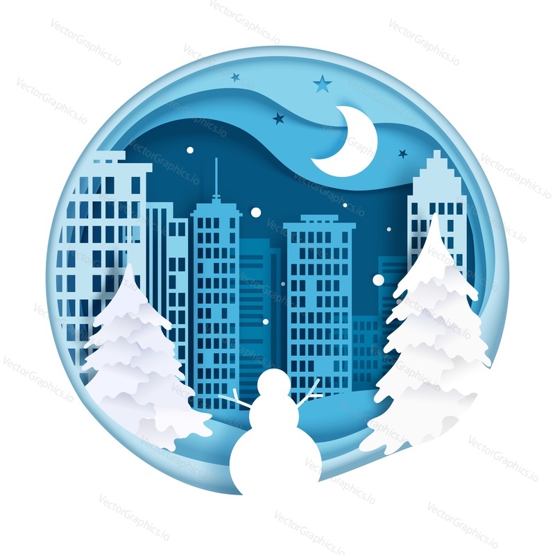 Winter night city scenery with crescent moon, buildings, snowy trees, snowman, vector illustration in paper art modern craft style. Happy New Year and Merry Christmas composition for card, web banner.