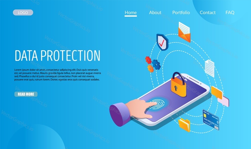 Векторный шаблон веб-сайта для защиты данных, дизайн веб-страницы и целевой страницы для разработки веб-сайтов и мобильных сайтов. Защита по отпечаткам пальцев, биометрия для безопасной аутентификации и транзакций.