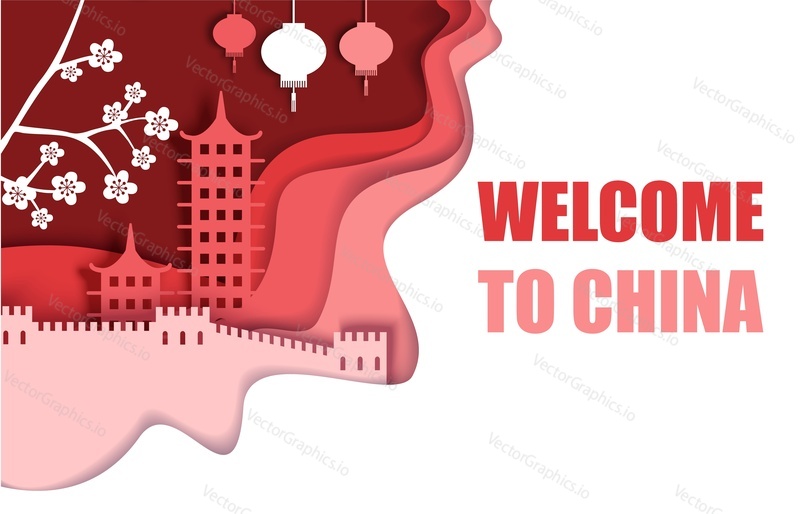 Welcome to China travel poster template, vector illustration in paper art style. Temple, chinese famous landmark and cherry blossom branch composition for web banner, website page etc.