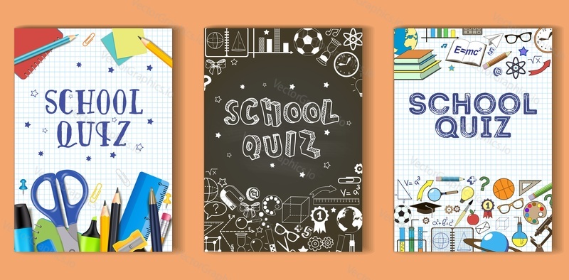 School quiz poster template set. Vector illustration of stationery and other school items with hand lettering on exercise book sheet and chalkboard background.