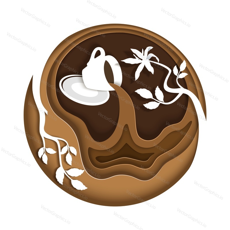 Coffee spilling out of cup, vector illustration in paper art modern craft style. Creative coffee composition for business card, poster, banner, flyer etc.