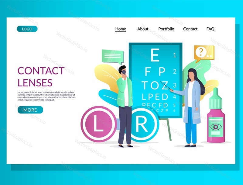 Векторный шаблон веб-сайта с контактными линзами, дизайн веб-страницы и целевой страницы для разработки веб-сайтов и мобильных сайтов. Проверка и коррекция зрения, концепция здоровья глаз с крошечными персонажами - пациентом и врачом