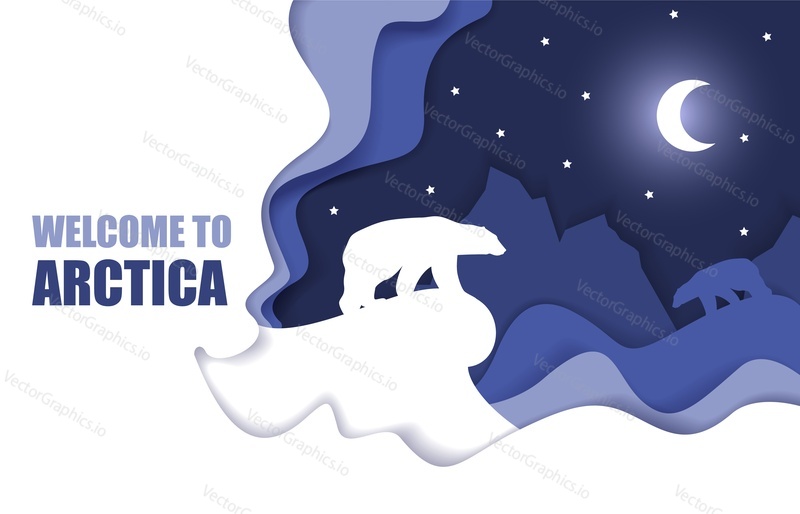 Welcome to Arctic travel poster template, vector illustration in paper art style. Arctic scene with night sky and polar bear silhouettes for web banner, website page etc.