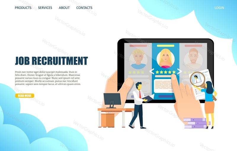 Job recruitment vector website template, web page and landing page design for website and mobile site development. Employment agency services, hiring and candidate selection, recruiting concept.