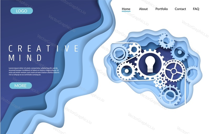 Creative mind vector website template, web page and landing page design for website and mobile site development. Paper cut human brain with gears and lightbulb. Brainstorm, brain power, new ideas.