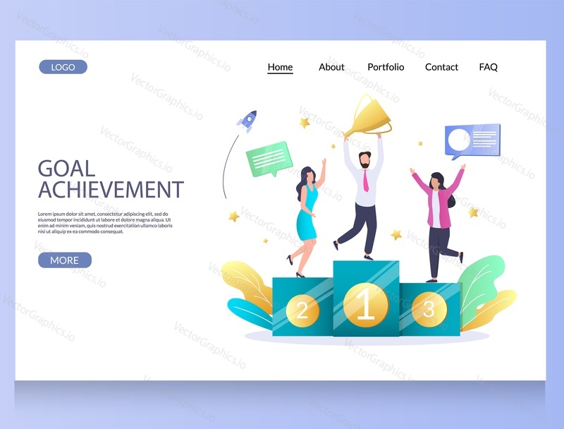 Goal achievement vector website template, web page and landing page design for website and mobile site development. Business team success, victory celebration.