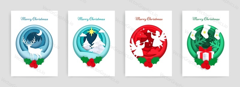 Merry Christmas card set, vector illustration in paper art modern craft style. Winter holidays composition in circle with Christmas trees, stockings, angels, reindeer, gift box, holly berries.