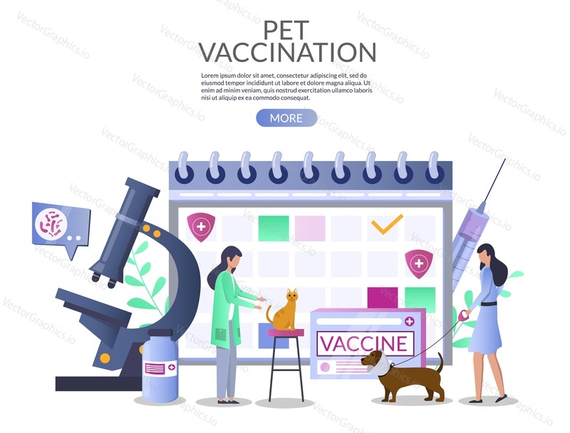 Pet vaccination web banner template, vector illustration. Huge calendar, microscope, pills bottle, syringe and tiny characters vet, dog owner. Veterinary pet care concept for web banner, website page