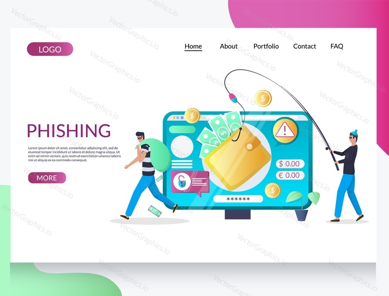 Phishing vector website template, web page and landing page design for website and mobile site development. Computer hacker stealing money using fishing rod. Cyber crime, security hacking.