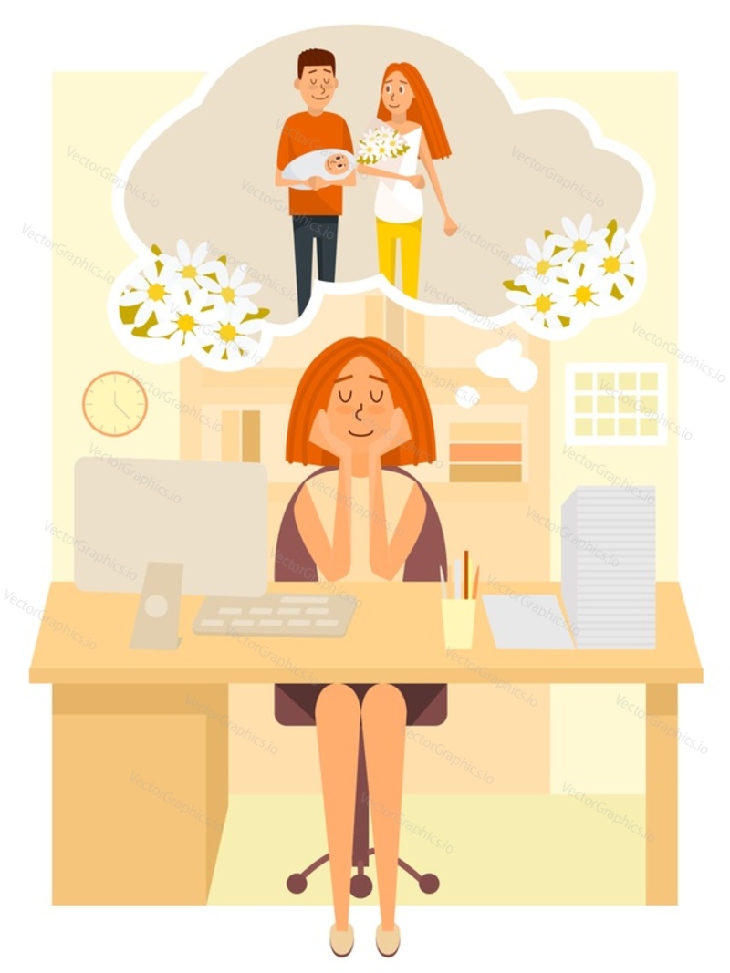 Young woman dreaming of her newborn baby while sitting at office desk with closed eyes, vector flat style design illustration. Maternity, motherhood, pregnancy planning concept.