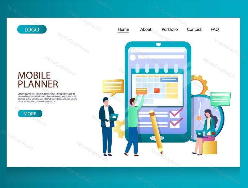 Mobile planner vector website template, web page and landing page design for website and mobile site development. Planner app, online schedule concept with characters.
