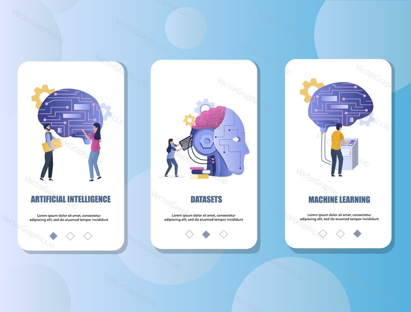 Artificial intelligence mobile app onboarding screens. Menu banner vector template for website and application development. Machine learning, datasets, cyber mind technology.