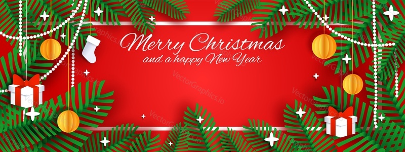 Merry Christmas and Happy New Year greeting card vector template. Paper cut Christmas tree branches frame with balls, stocking, gift boxes.