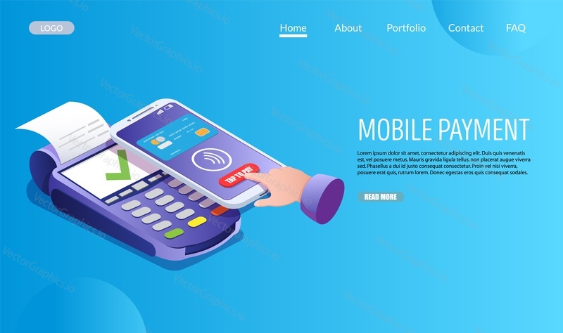 Mobile payment vector website template, web page and landing page design for website and mobile site development. Contactless payment, nfc or near field communication mainstream wireless technology.