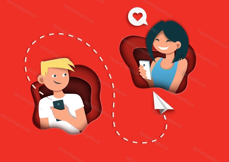 Young happy couple texting love messages via social networking using mobile phones, vector illustration in paper art style. Messenger chat app concept for web banner, website page etc.