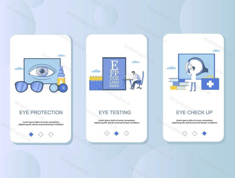 Eye check up mobile app onboarding screens. Menu banner vector template for website and application development. Eyesight examination, eye protection and vision testing.