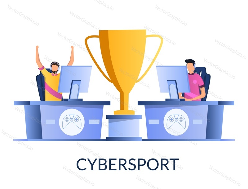 E-sports tournament, vector illustration. Two professional gamers playing online video game in front of computer monitor screens and huge award cup between them. Cybersport concept for web banner etc.