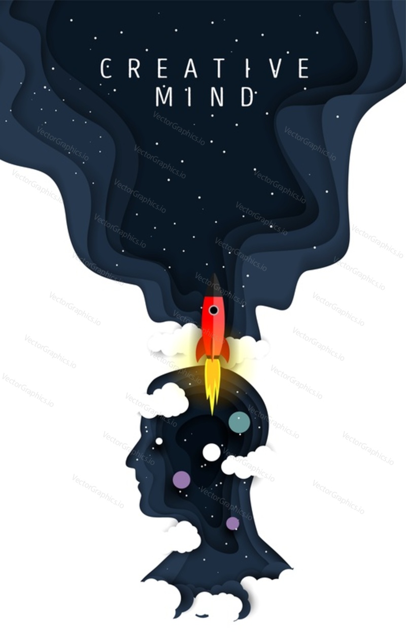 Creative mind poster template, vector illustration in paper art style. Human head silhouette with night starry sky, rocket and planets.