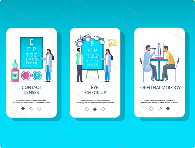 Contact lenses, Eye check up, Ophthalmology mobile app onboarding screens. Menu banner vector template for website and application development. Optometry, eyesight test and vision correction.