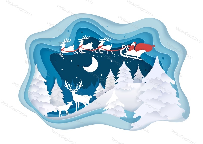 Santa riding sleigh with reindeer, winter landscape, vector illustration in paper art modern craft style. Merry Christmas, Happy New Year composition for greeting card, poster, banner.