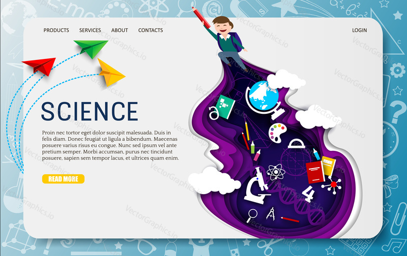 Science vector website template, web page and landing page design for website and mobile site development. Education, back to school, school time concept in paper art style.
