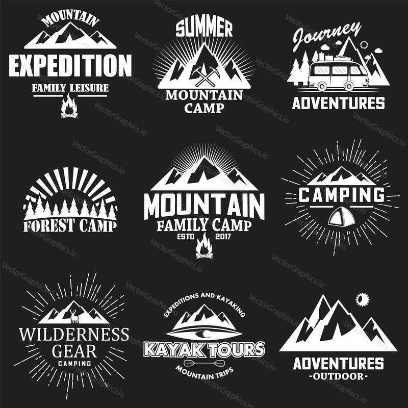 Vector set of camping, outdoor adventure, mountain expedition, kayak tours, forest camp vintage white logos, emblems, labels and badges on black background.