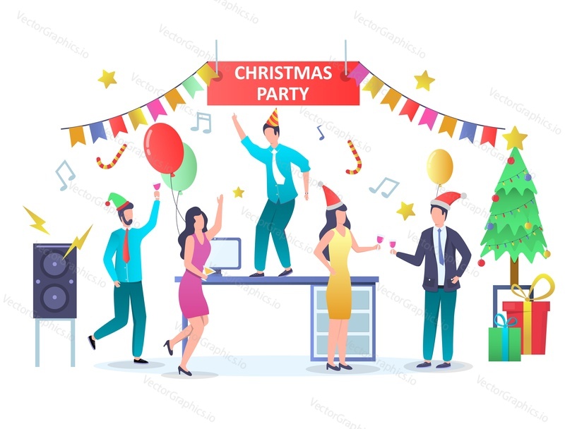 Business people team celebrate Merry Christmas and Happy New Year, vector illustration. Christmas party concept for web banner, website page etc.